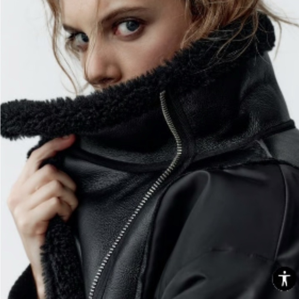 Zara Black Bomber Jacket with Shearling Detail - Picture 5 of 9